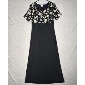 VNTG Dynamite Dress Size L Dark Floral Empire Waist Slinky Whimsigoth Grunge Fae